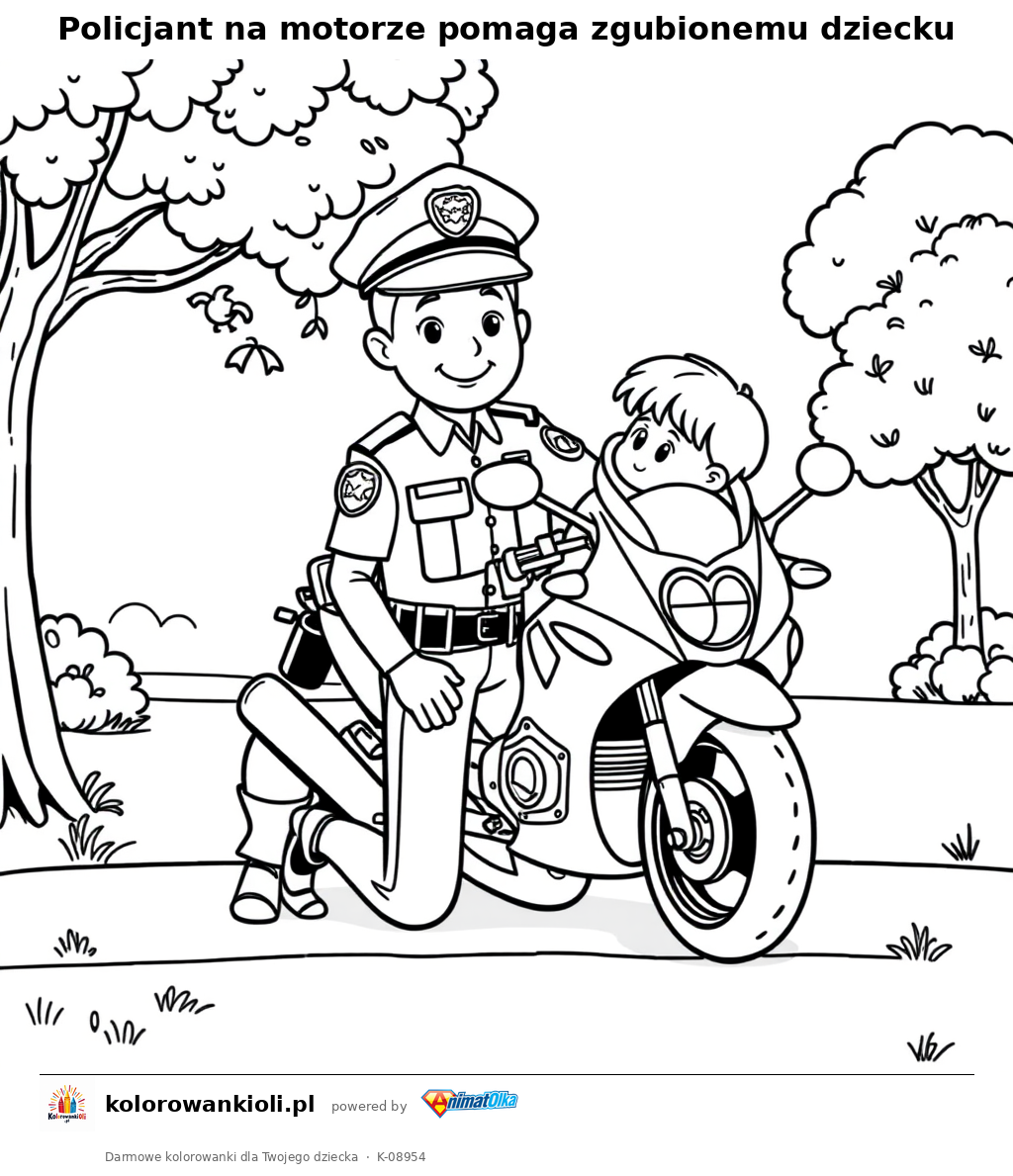 Policjant na motorze pomaga zgubionemu dziecku — kolorowanka do wydruku dla dzieci