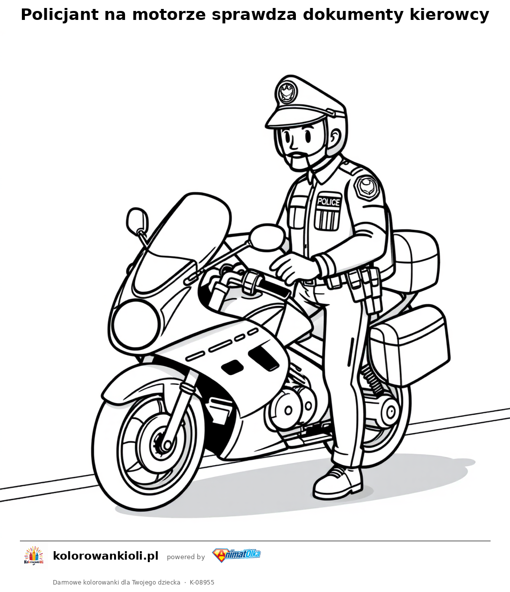 Policjant na motorze sprawdza dokumenty kierowcy — kolorowanka do wydruku dla dzieci