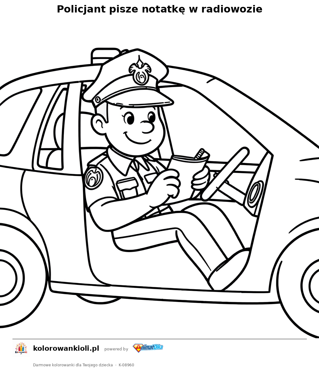 Policjant pisze notatkę w radiowozie — kolorowanka do wydruku dla dzieci