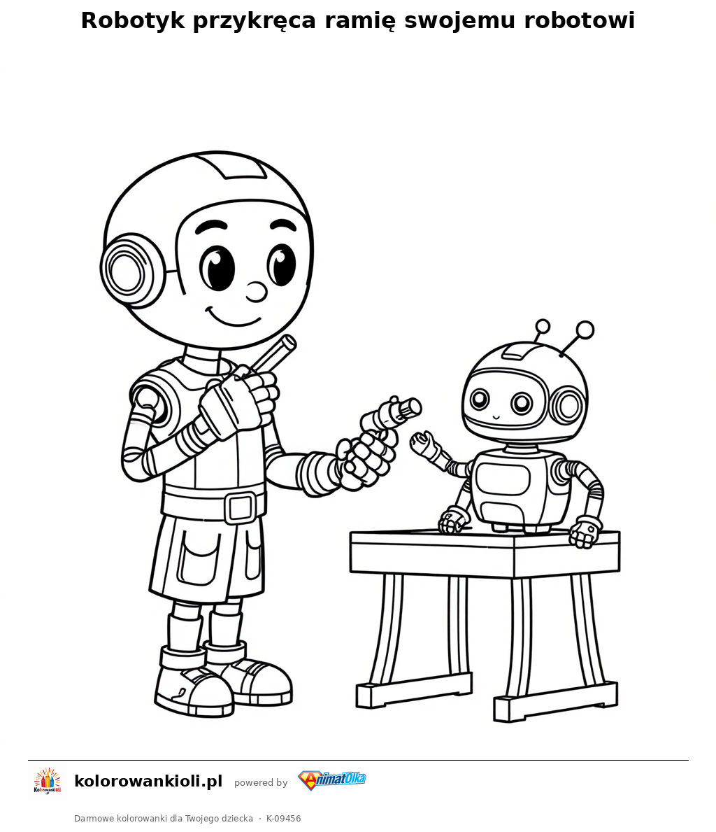 Robotyk przykręca ramię swojemu robotowi — kolorowanka do wydruku dla dzieci