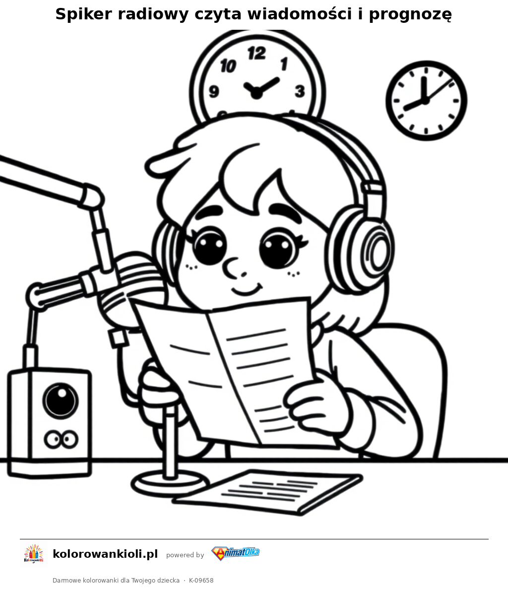 Spiker radiowy czyta wiadomości i prognozę — kolorowanka do wydruku dla dzieci
