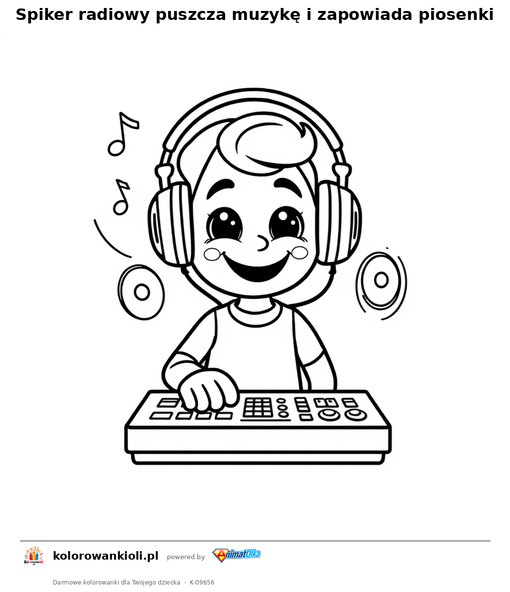 Spiker radiowy puszcza muzykę i zapowiada piosenki — kolorowanka do wydruku dla dzieci