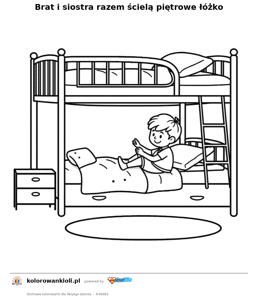 Brat i siostra razem ścielą piętrowe łóżko — kolorowanka do wydruku dla dzieci