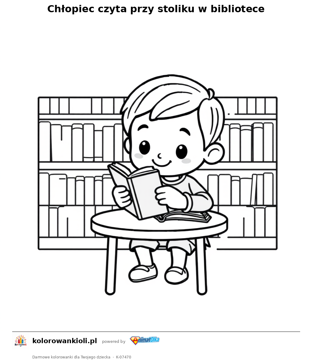Chłopiec czyta przy stoliku w bibliotece — kolorowanka do wydruku dla dzieci