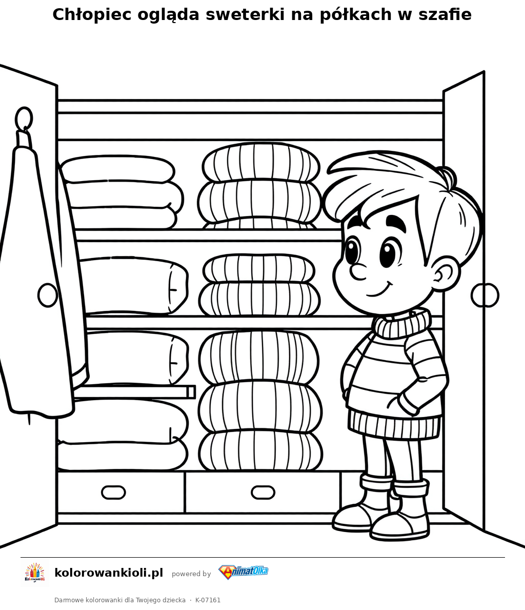 Chłopiec ogląda sweterki na półkach w szafie — kolorowanka do wydruku dla dzieci