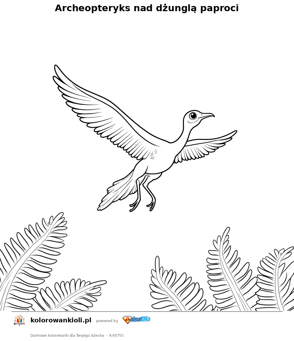 Kolorowanka — Archeopteryks nad dżunglą paproci