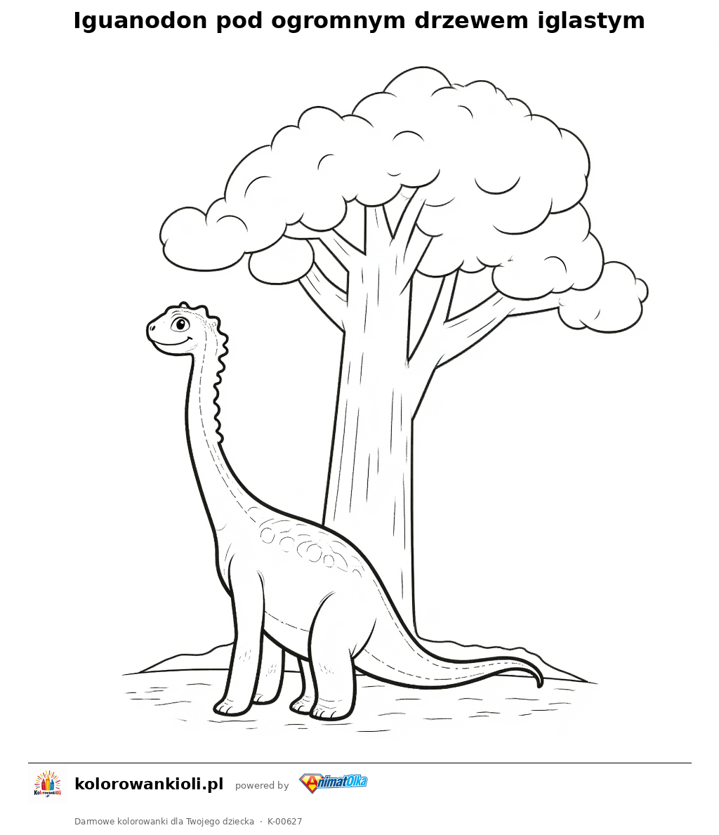 Kolorowanka — Iguanodon pod ogromnym drzewem iglastym