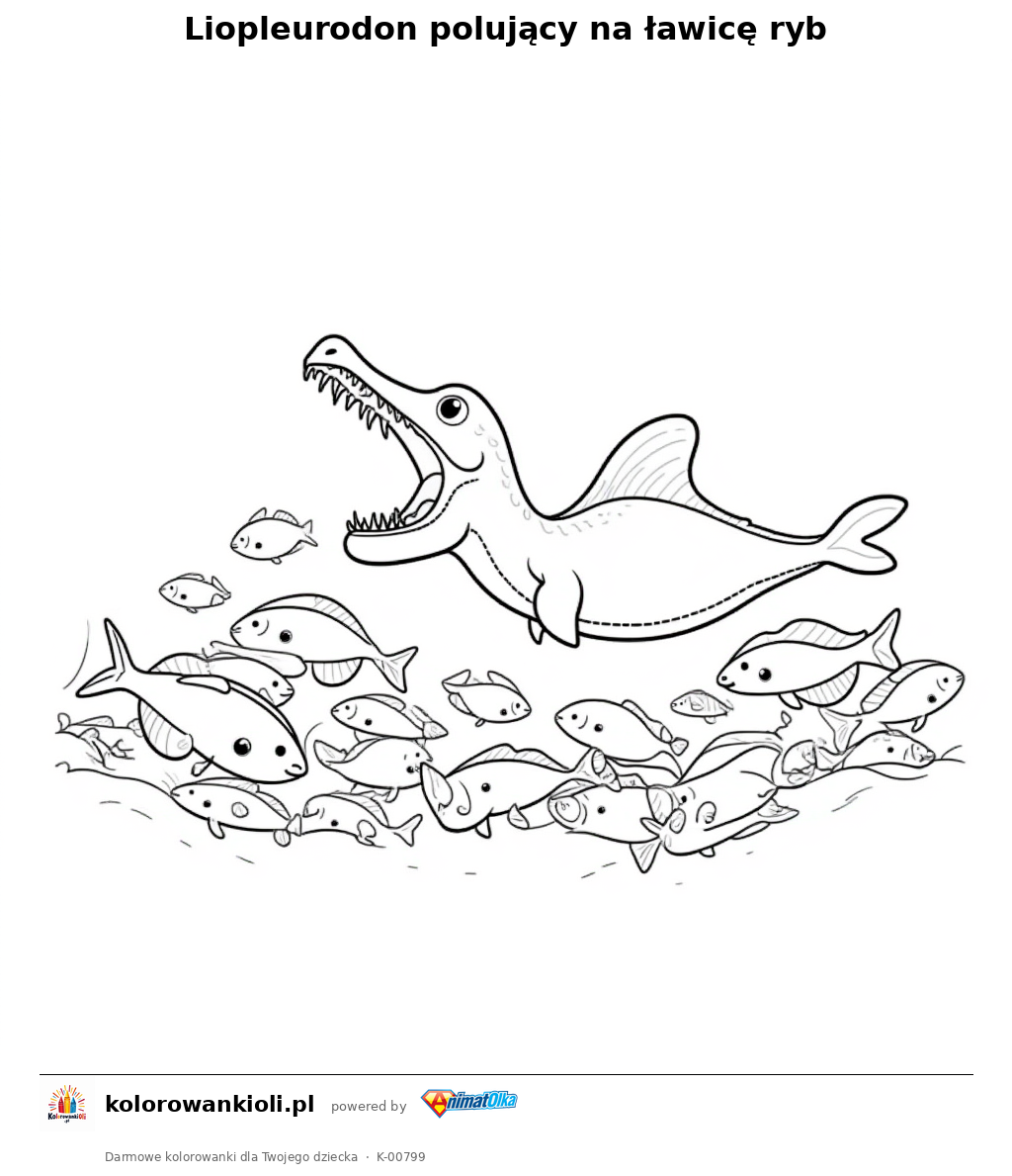 Kolorowanka — Liopleurodon polujący na ławicę ryb