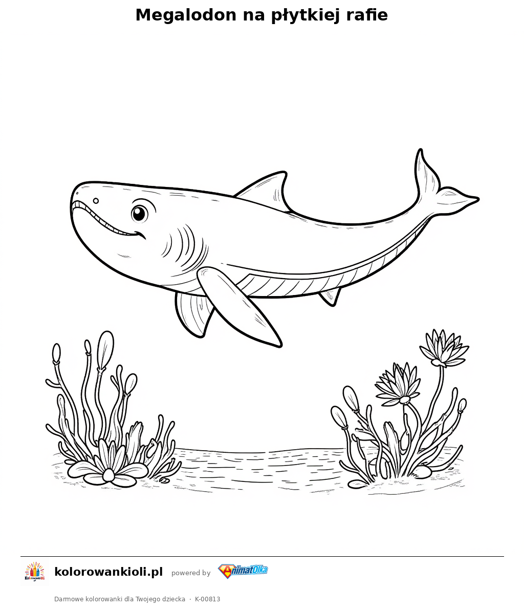 Kolorowanka — Megalodon na płytkiej rafie
