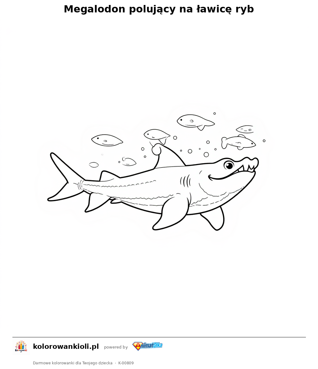 Kolorowanka — Megalodon polujący na ławicę ryb
