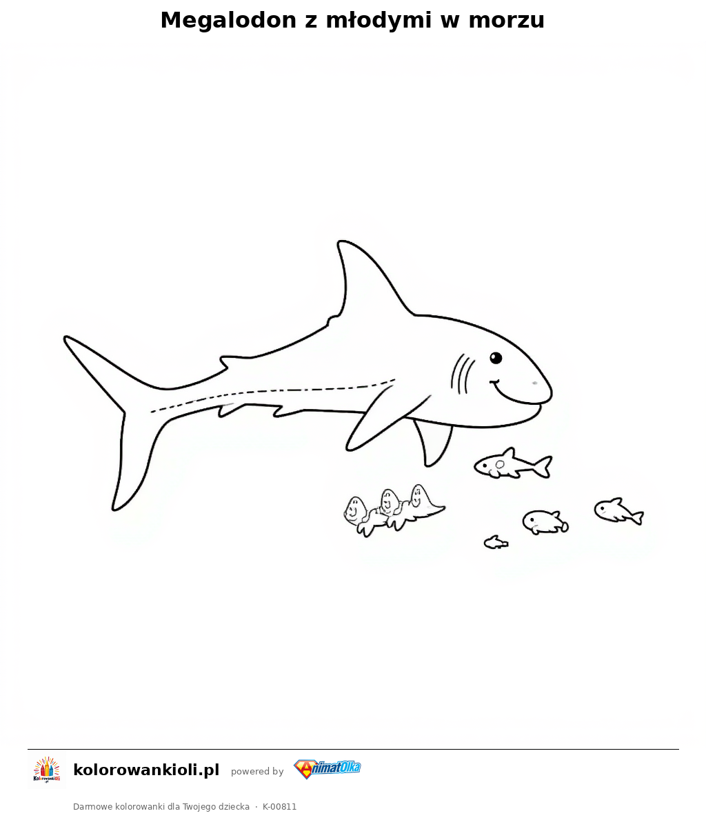 Kolorowanka — Megalodon z młodymi w morzu