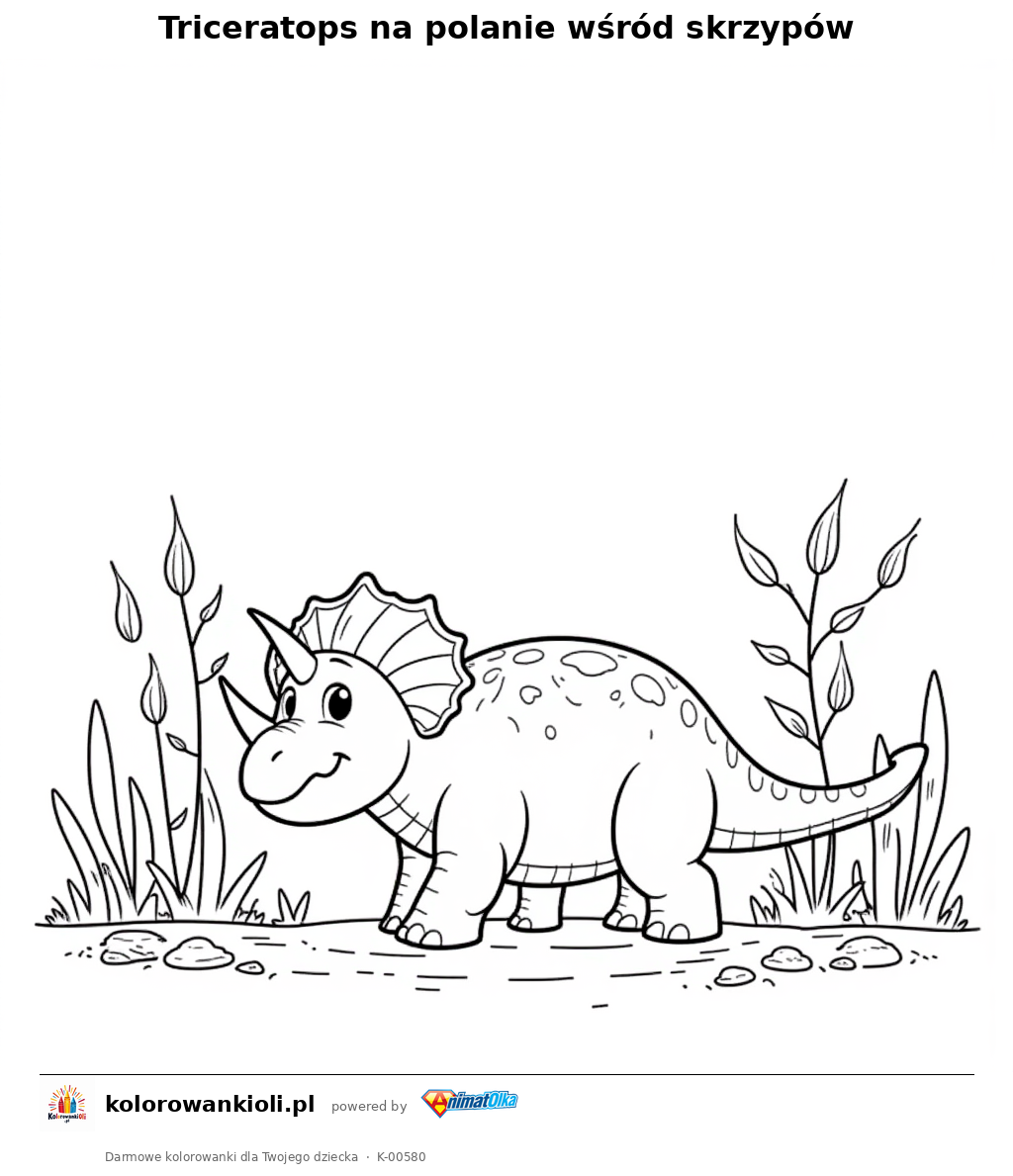 Kolorowanka — Triceratops na polanie wśród skrzypów