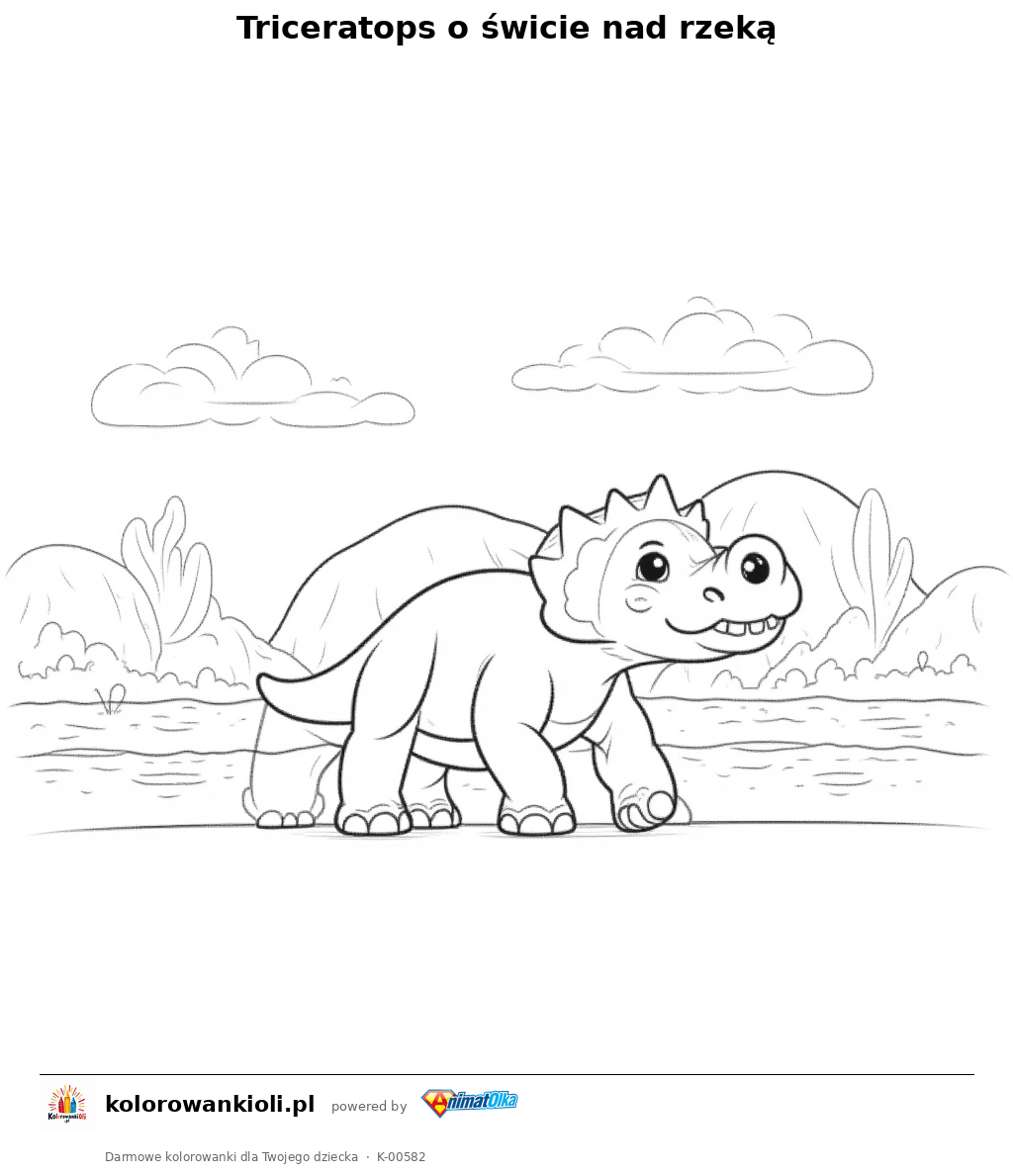 Kolorowanka — Triceratops o świcie nad rzeką