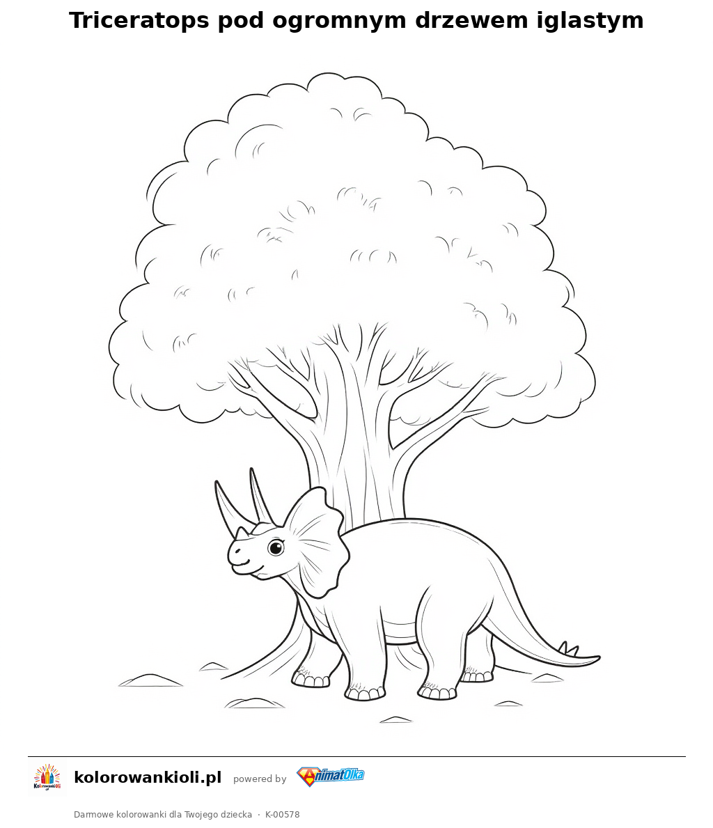 Kolorowanka — Triceratops pod ogromnym drzewem iglastym