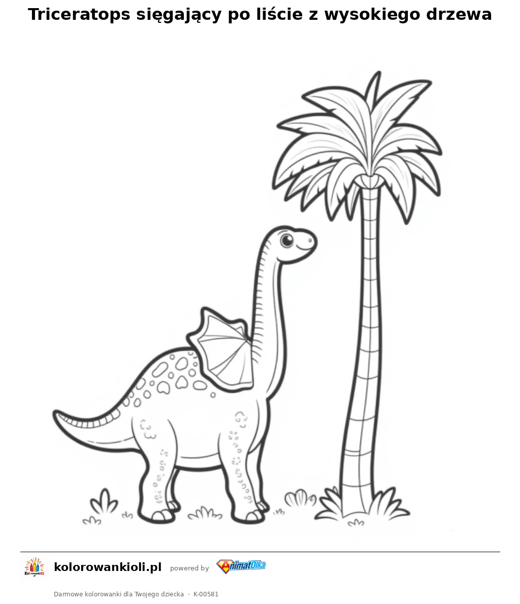 Kolorowanka — Triceratops sięgający po liście z wysokiego drzewa