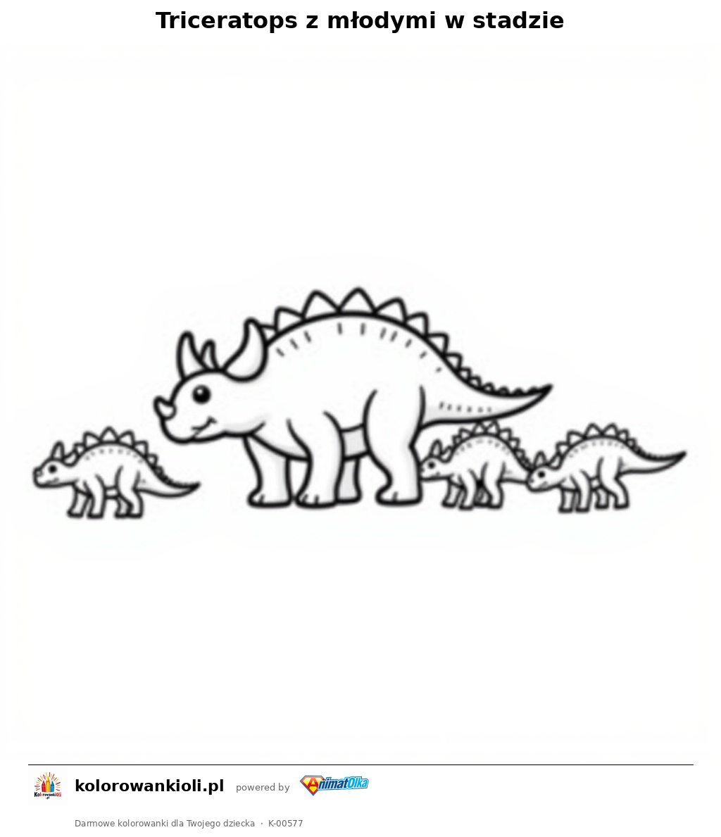 Kolorowanka — Triceratops z młodymi w stadzie