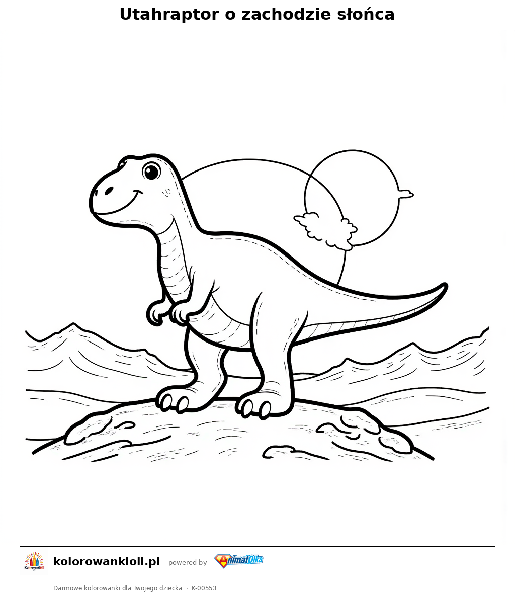Kolorowanka — Utahraptor o zachodzie słońca