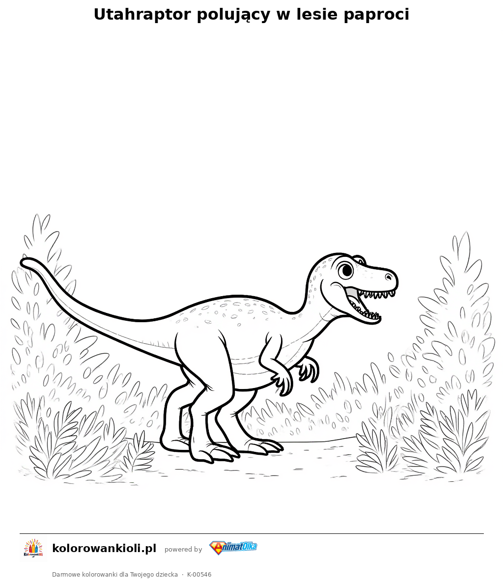 Kolorowanka — Utahraptor polujący w lesie paproci