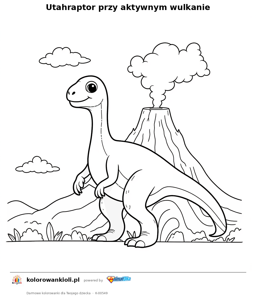 Kolorowanka — Utahraptor przy aktywnym wulkanie