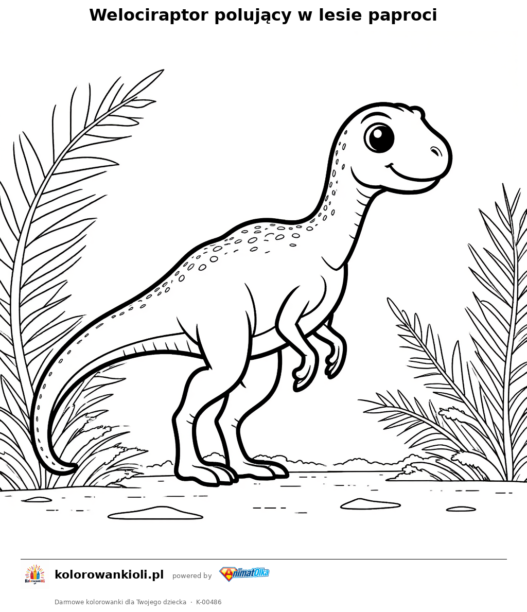 Kolorowanka — Welociraptor polujący w lesie paproci
