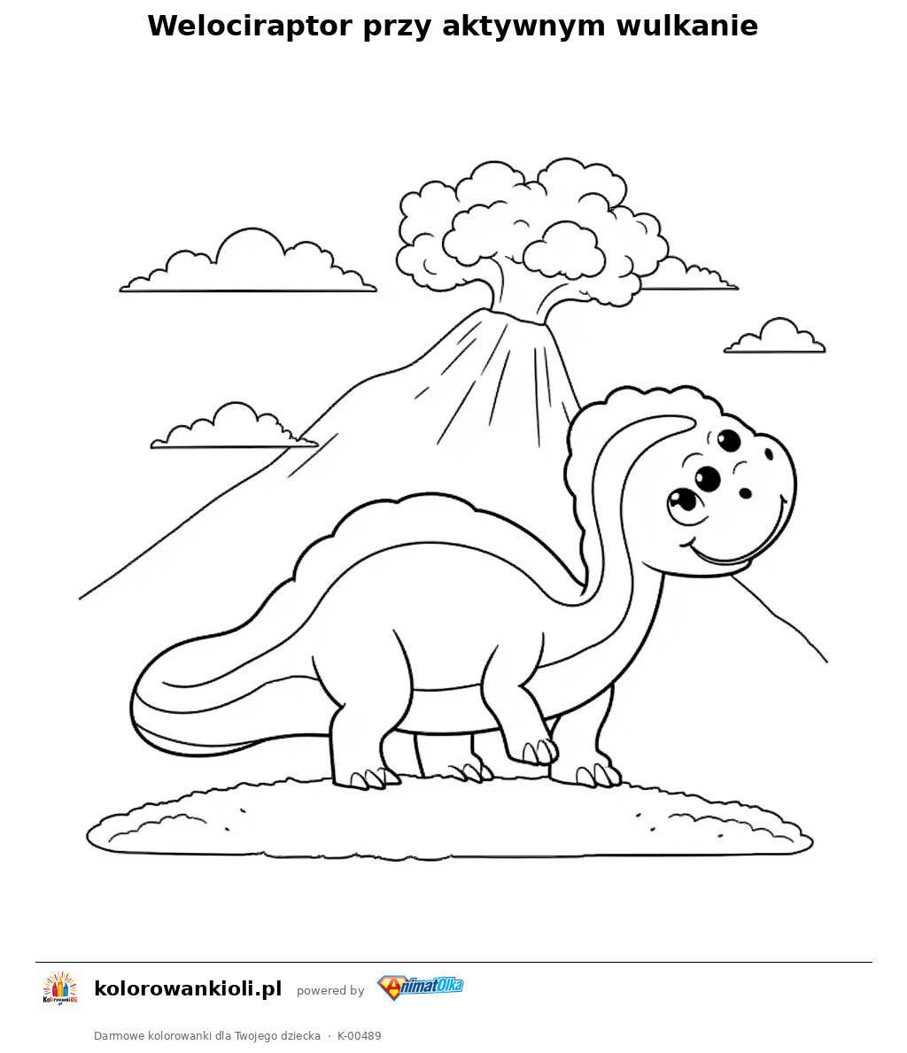 Kolorowanka — Welociraptor przy aktywnym wulkanie