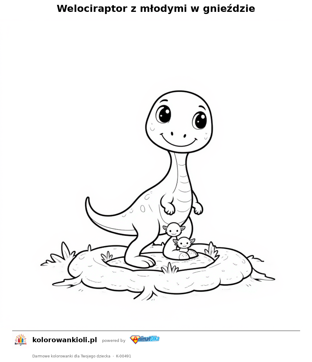Kolorowanka — Welociraptor z młodymi w gnieździe