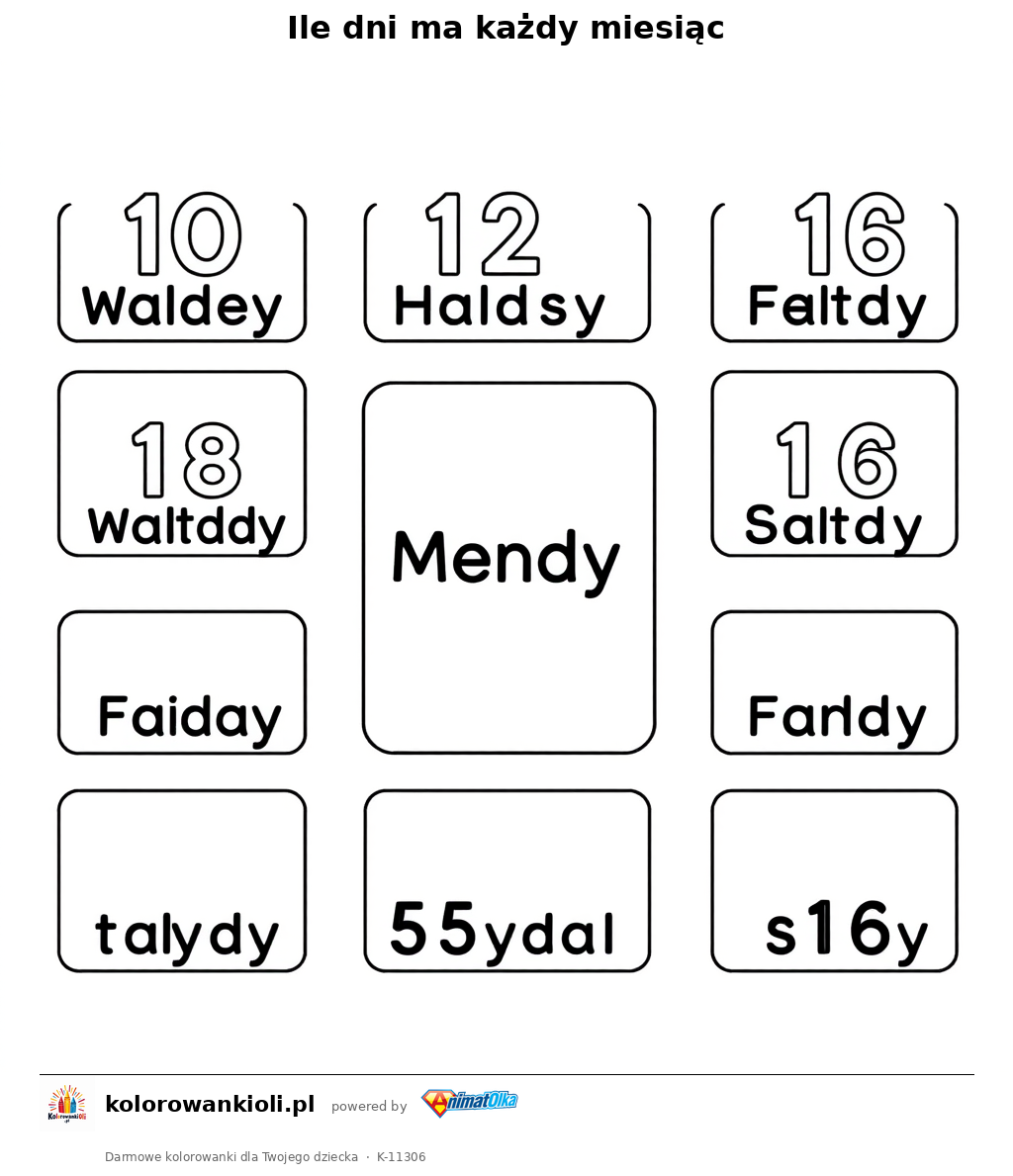 Ile dni ma każdy miesiąc — kolorowanka do wydruku dla dzieci