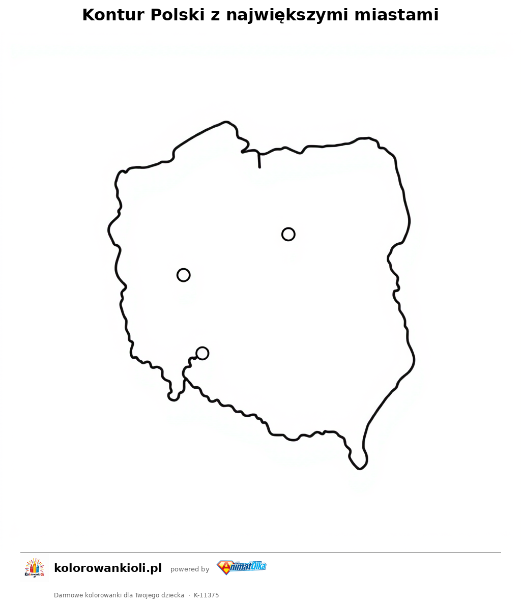 Kontur Polski z najwiekszymi miastami — kolorowanka do wydruku dla dzieci
