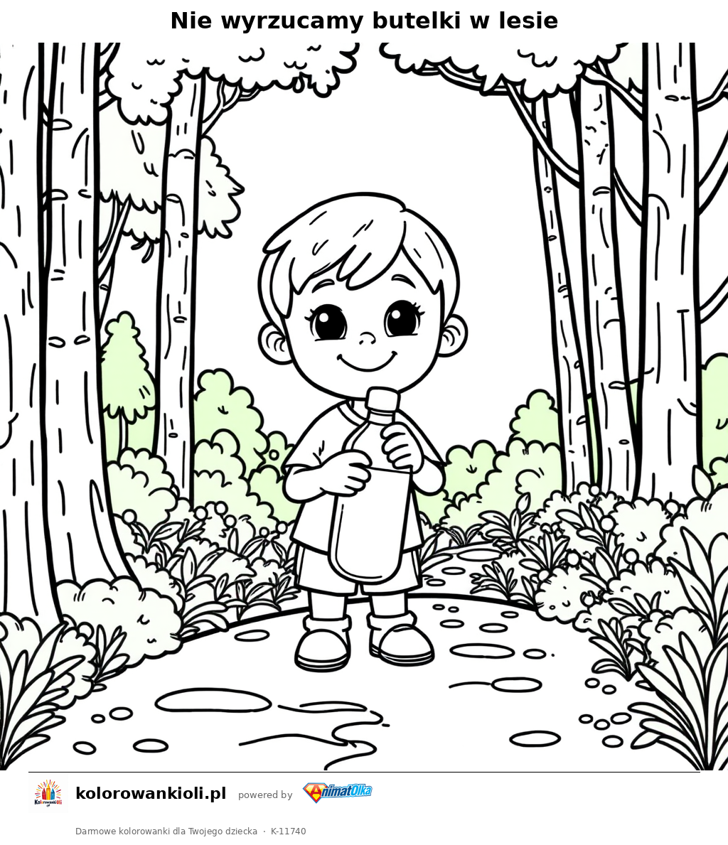 Nie wyrzucamy butelki w lesie — kolorowanka do wydruku dla dzieci