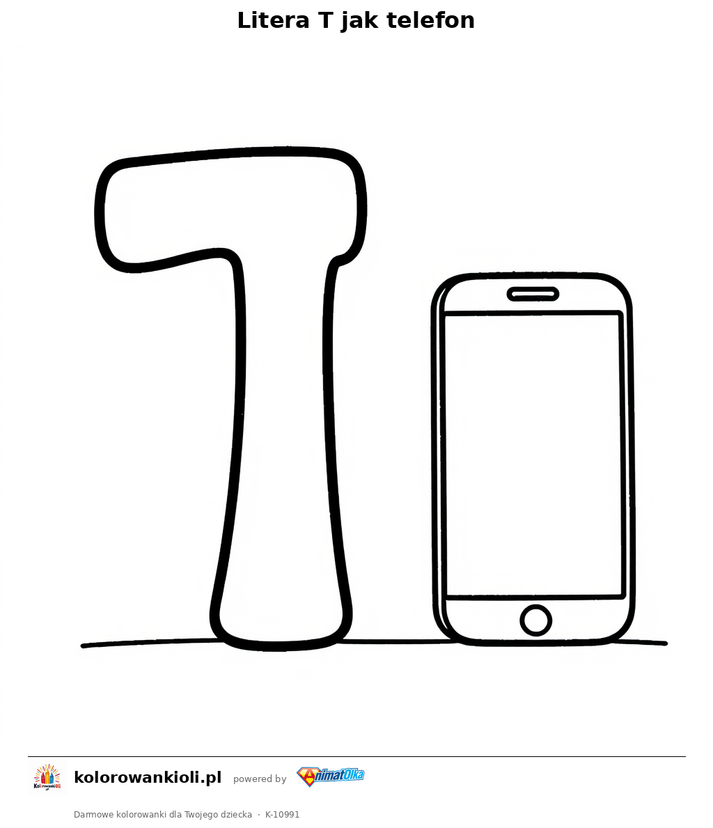 Litera T jak telefon — kolorowanka do wydruku dla dzieci