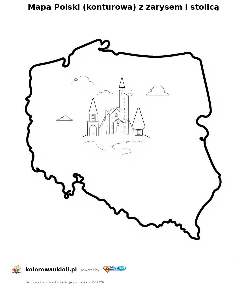 Kolorowanka — Mapa Polski (konturowa) z zarysem i stolicą