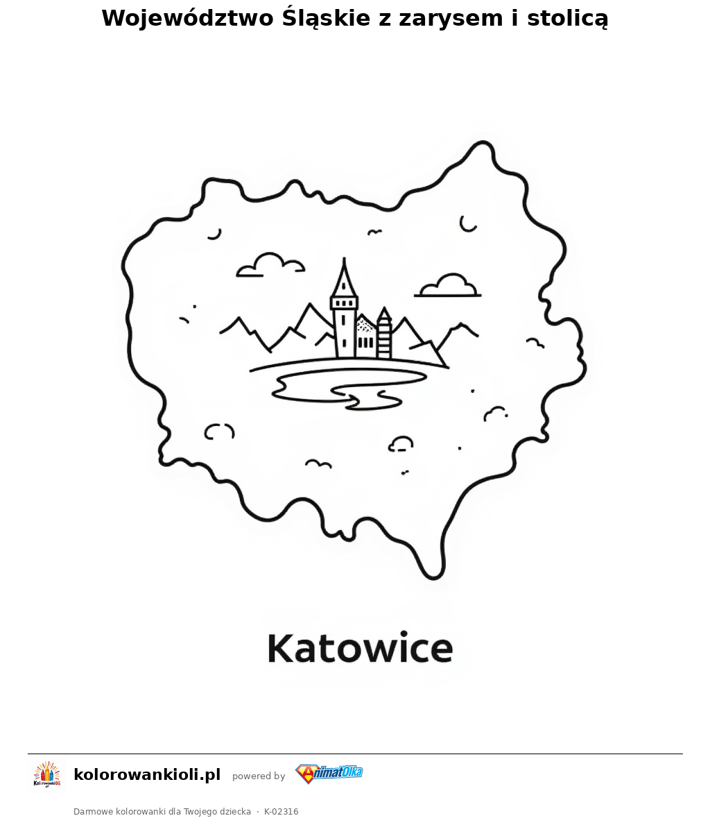 Kolorowanka — Województwo Śląskie z zarysem i stolicą
