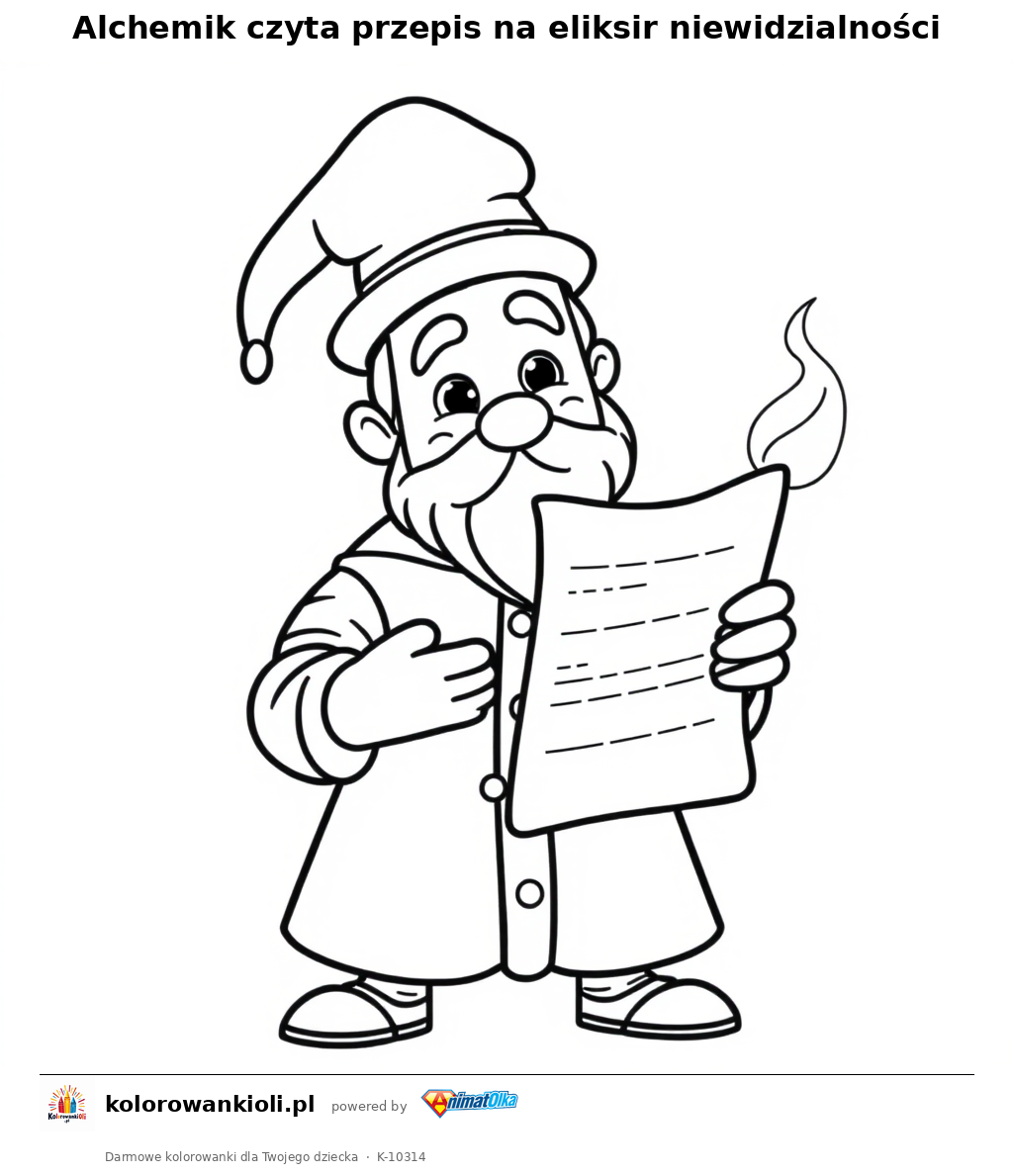 Alchemik czyta przepis na eliksir niewidzialności — kolorowanka do wydruku dla dzieci