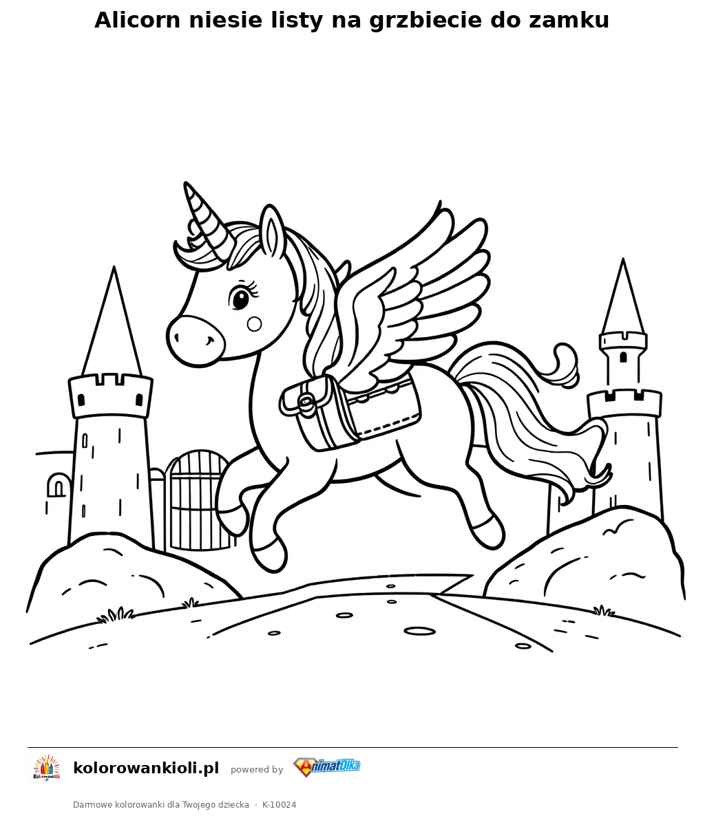 Alicorn niesie listy na grzbiecie do zamku — kolorowanka do wydruku dla dzieci