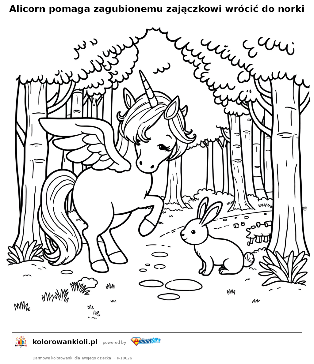 Alicorn pomaga zagubionemu zajaczkowi wrocic do norki — kolorowanka do wydruku dla dzieci