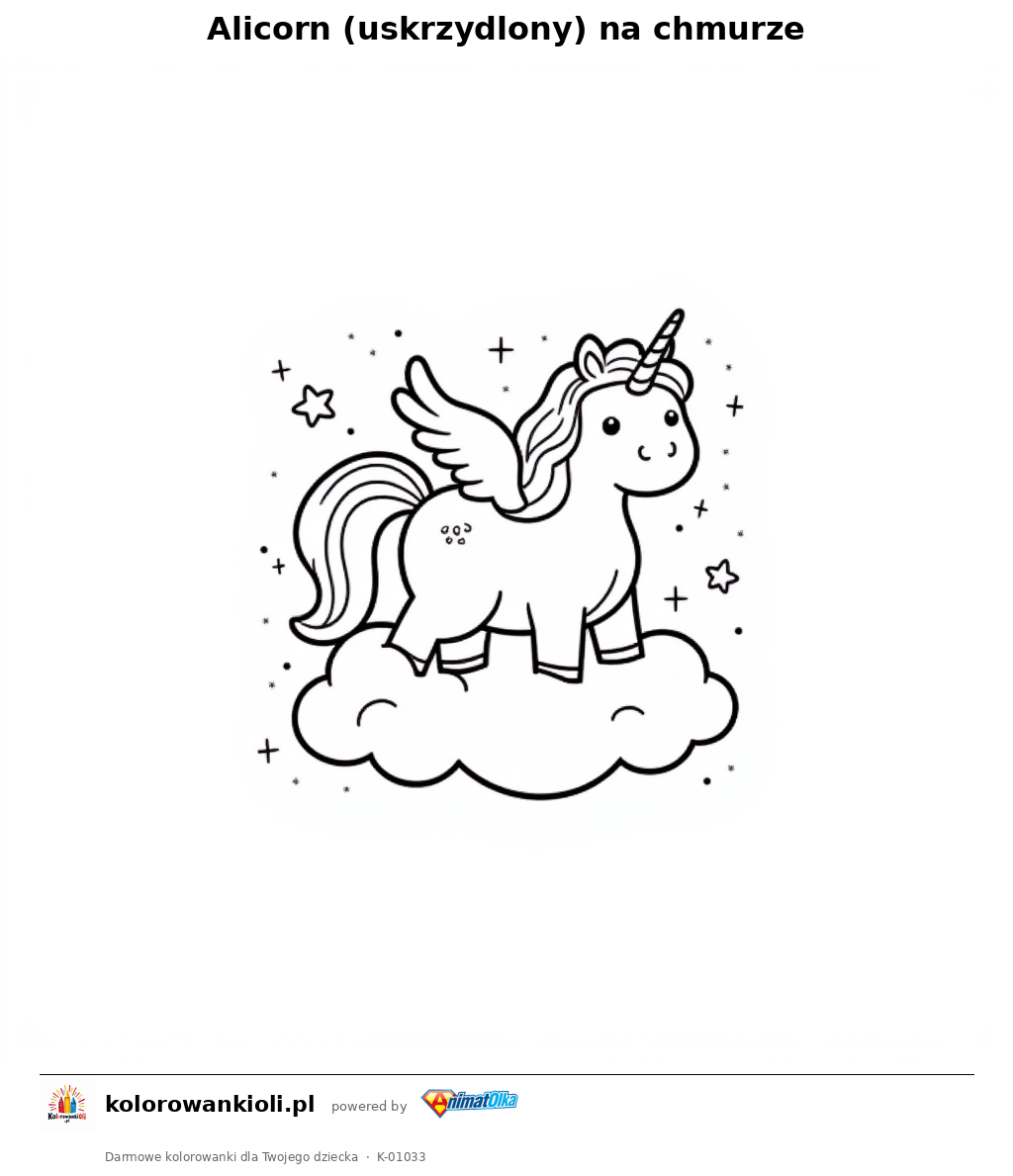 Kolorowanka — Alicorn (uskrzydlony) na chmurze