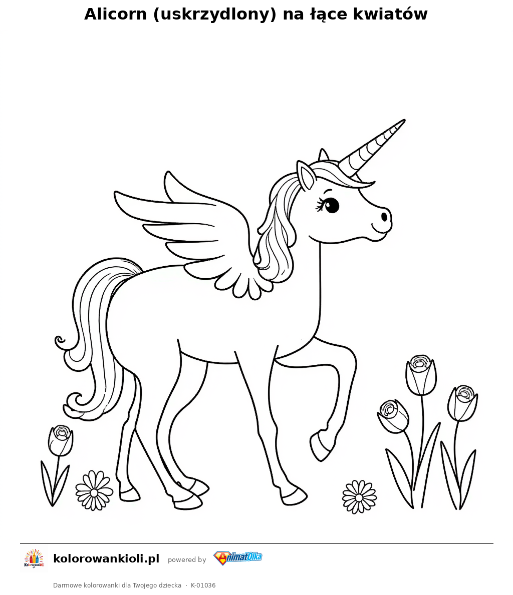 Kolorowanka — Alicorn (uskrzydlony) na łące kwiatów