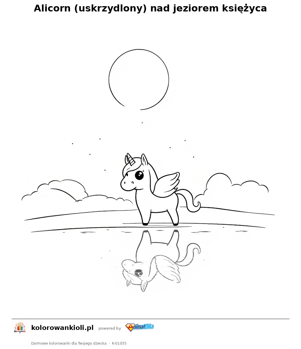 Kolorowanka — Alicorn (uskrzydlony) nad jeziorem księżyca