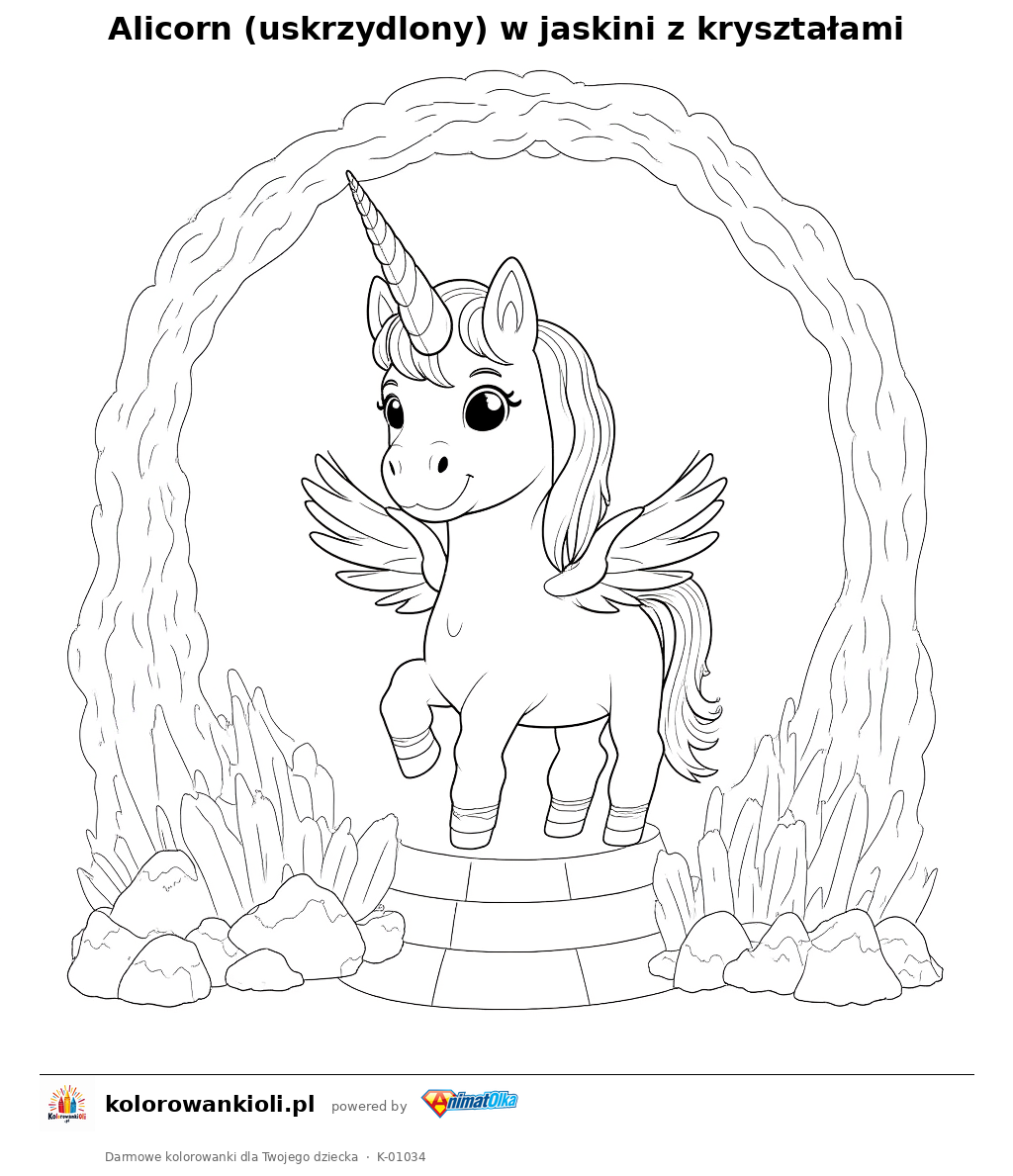 Kolorowanka — Alicorn (uskrzydlony) w jaskini z kryształami