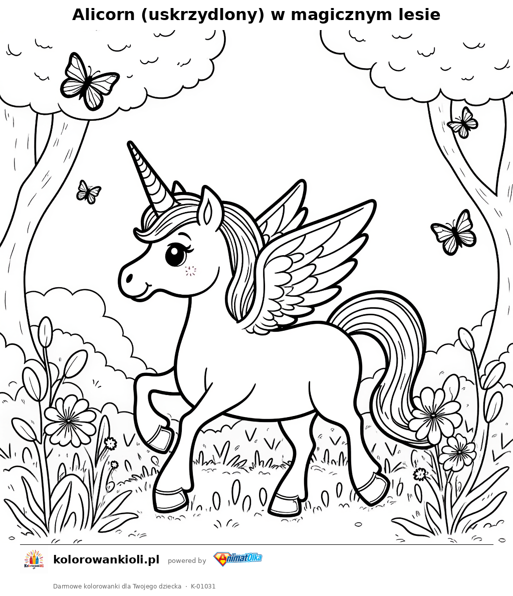 Kolorowanka — Alicorn (uskrzydlony) w magicznym lesie