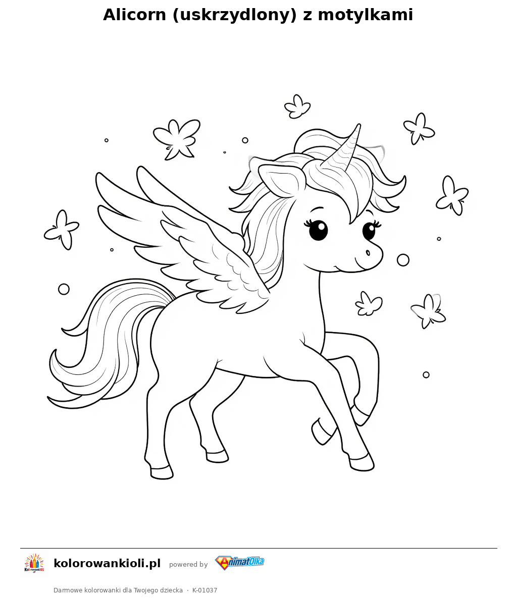 Kolorowanka — Alicorn (uskrzydlony) z motylkami