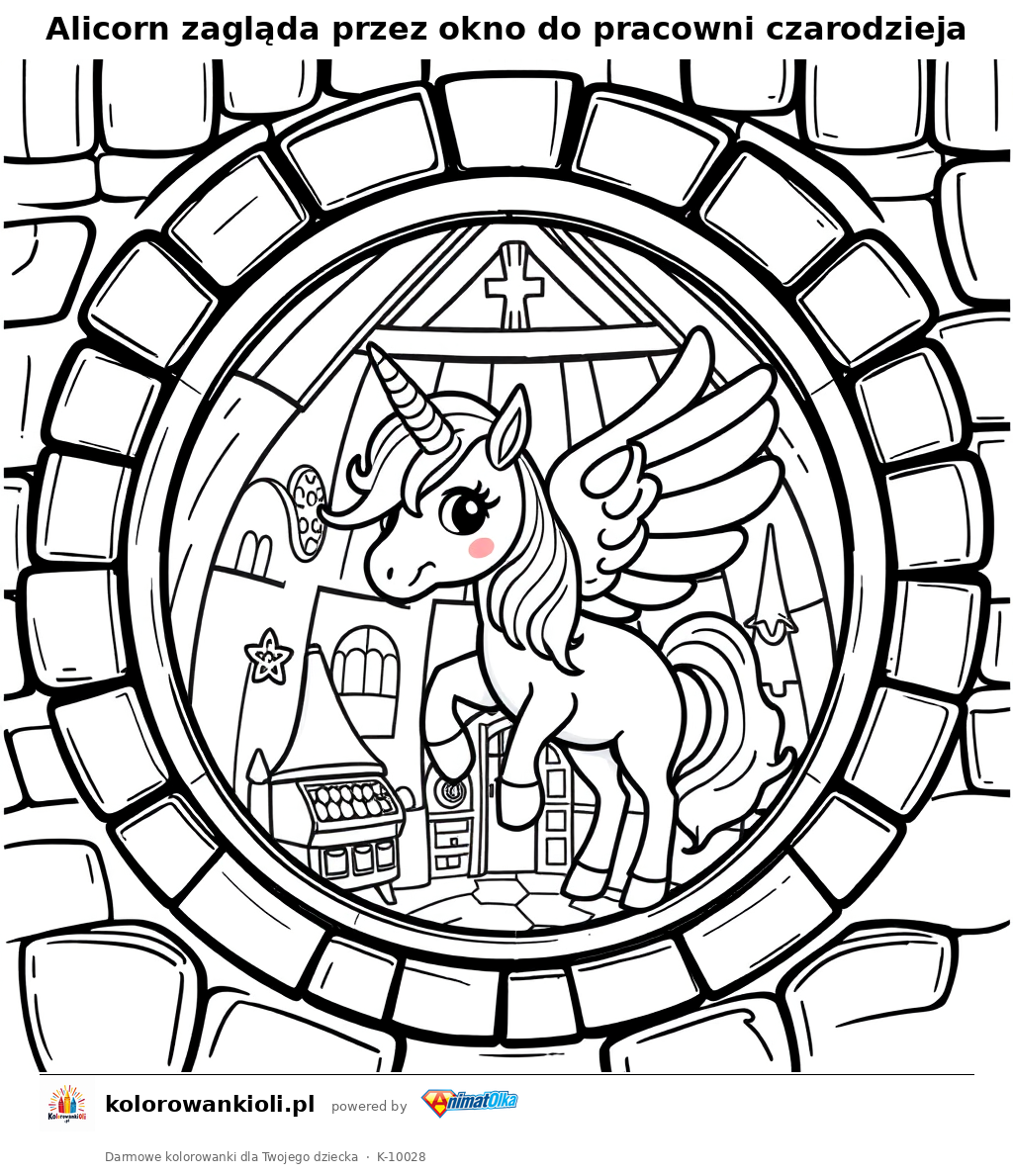 Alicorn zagląda przez okno do pracowni czarodzieja — kolorowanka do wydruku dla dzieci