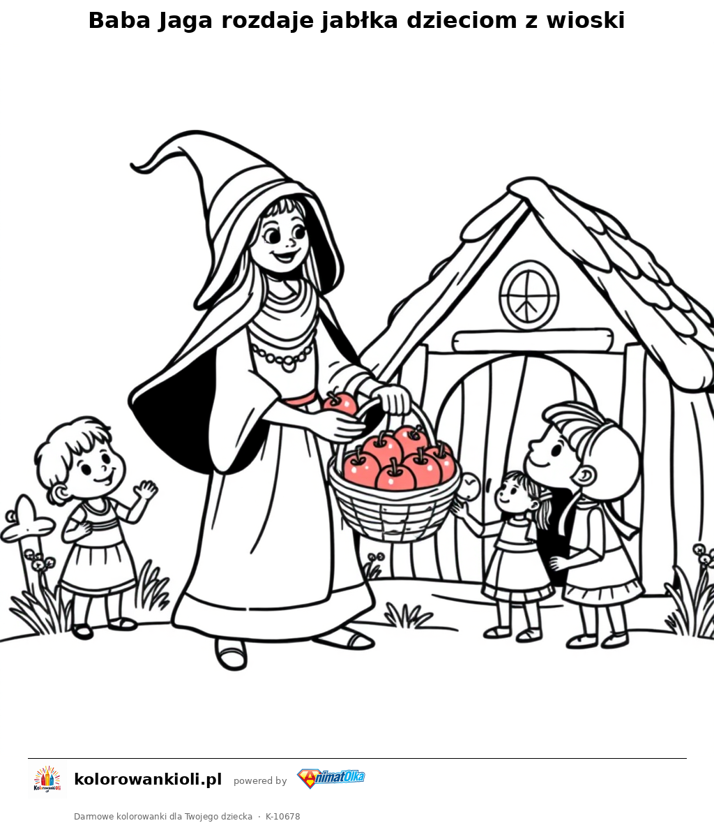 Baba Jaga rozdaje jabłka dzieciom z wioski — kolorowanka do wydruku dla dzieci