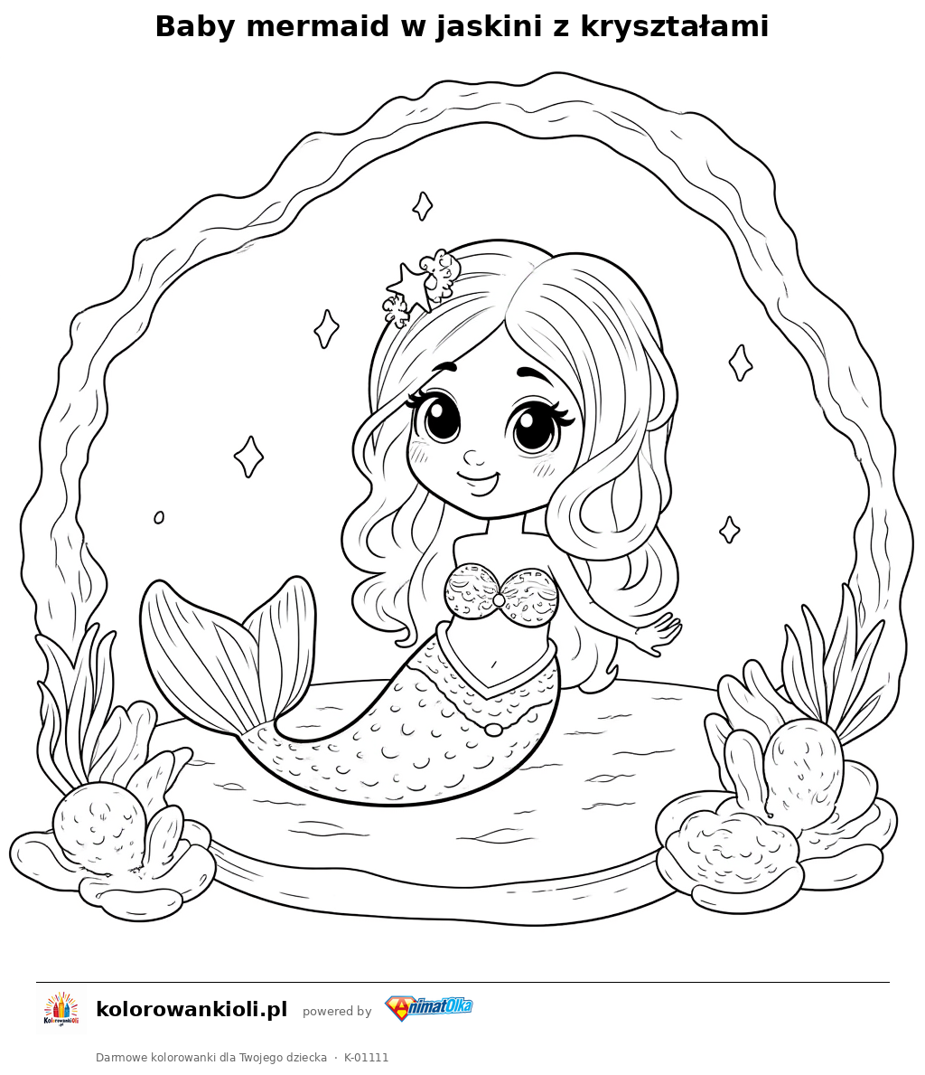 Kolorowanka — Baby mermaid w jaskini z kryształami