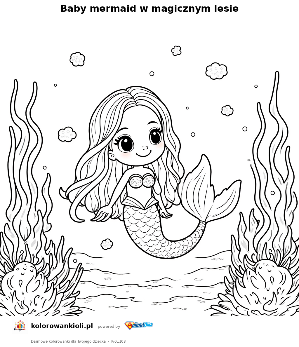 Kolorowanka — Baby mermaid w magicznym lesie