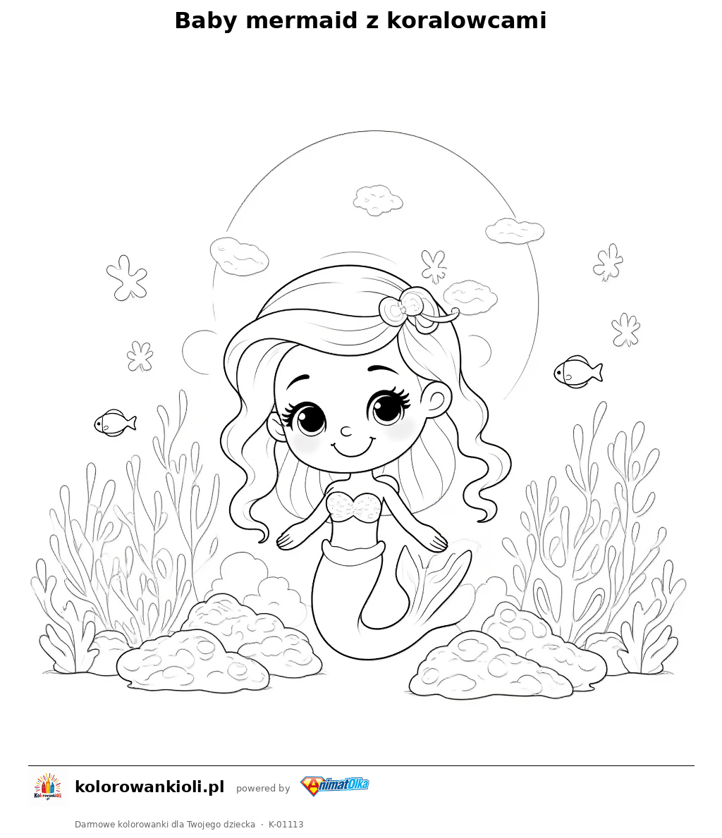 Kolorowanka — Baby mermaid z koralowcami