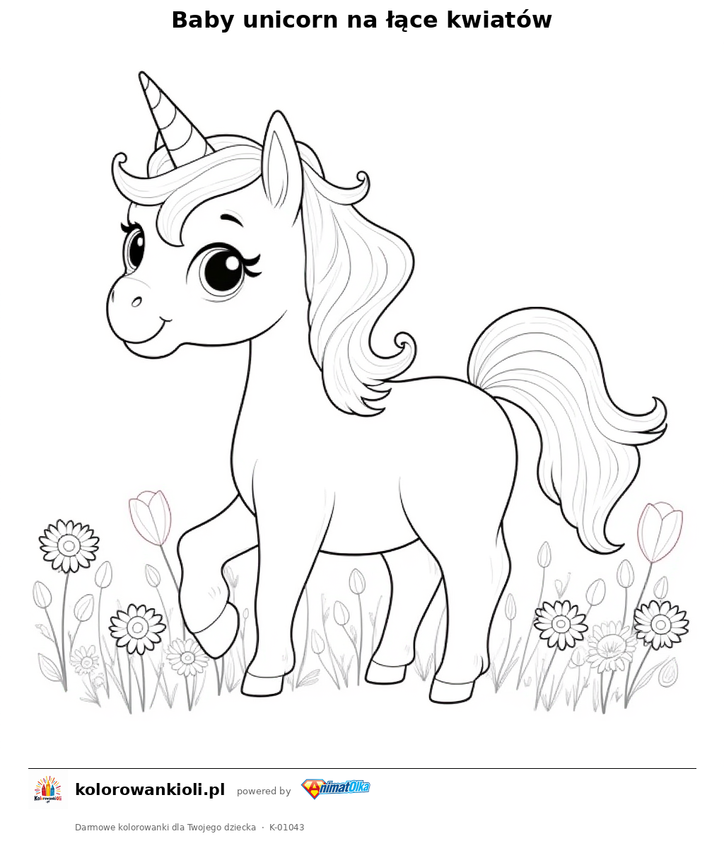 Kolorowanka — Baby unicorn na łące kwiatów