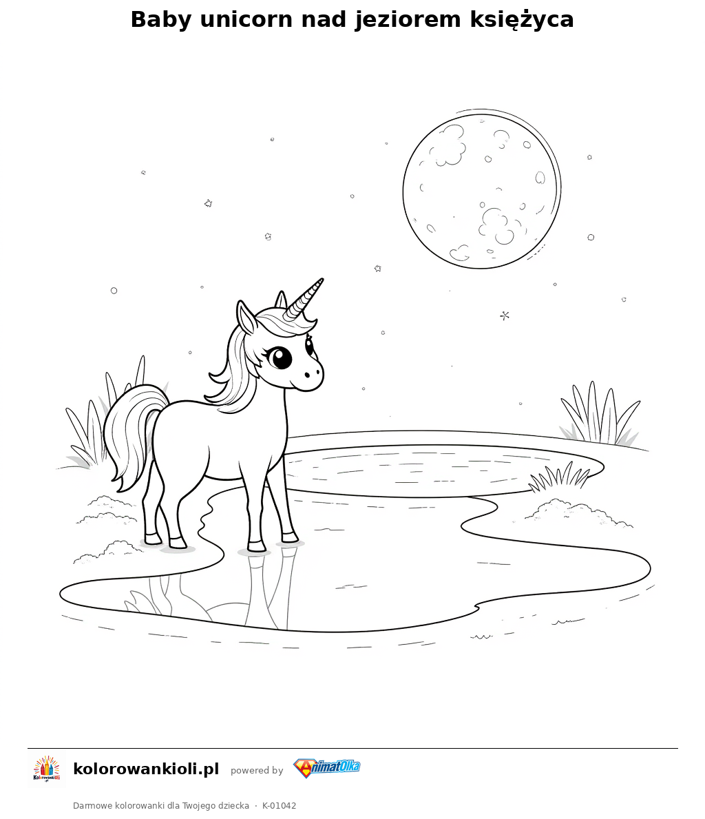 Kolorowanka — Baby unicorn nad jeziorem księżyca