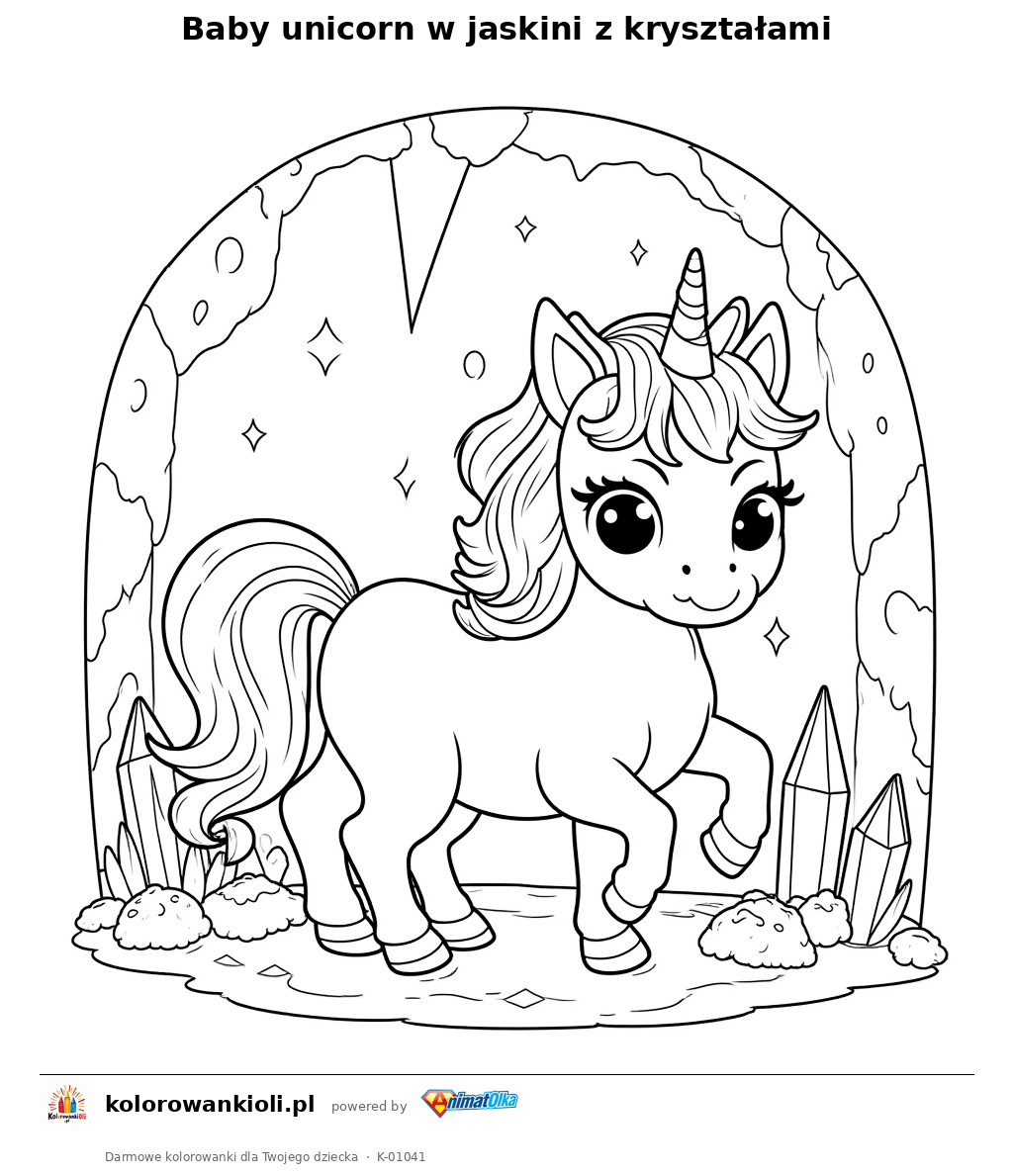 Kolorowanka — Baby unicorn w jaskini z kryształami