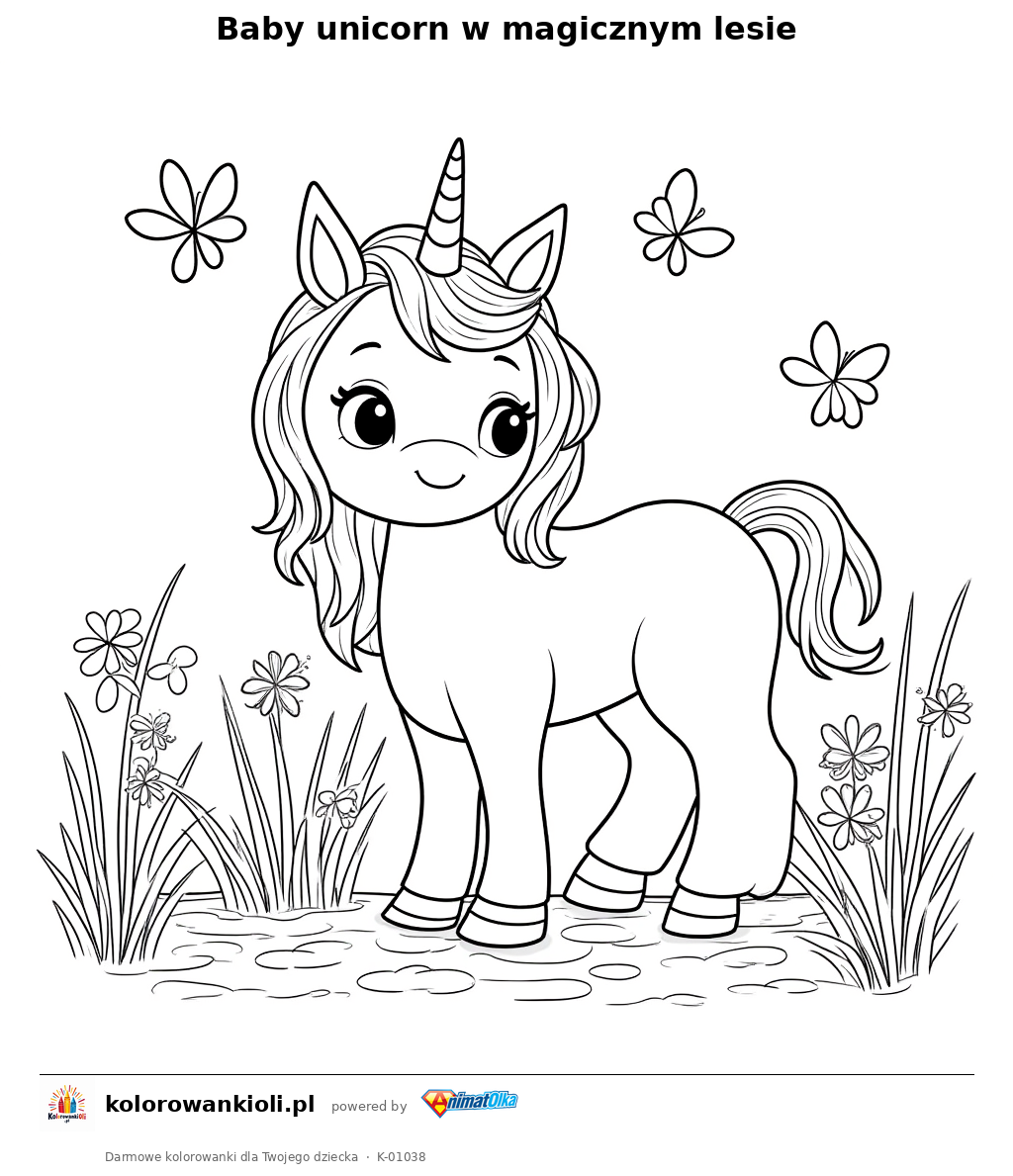 Kolorowanka — Baby unicorn w magicznym lesie